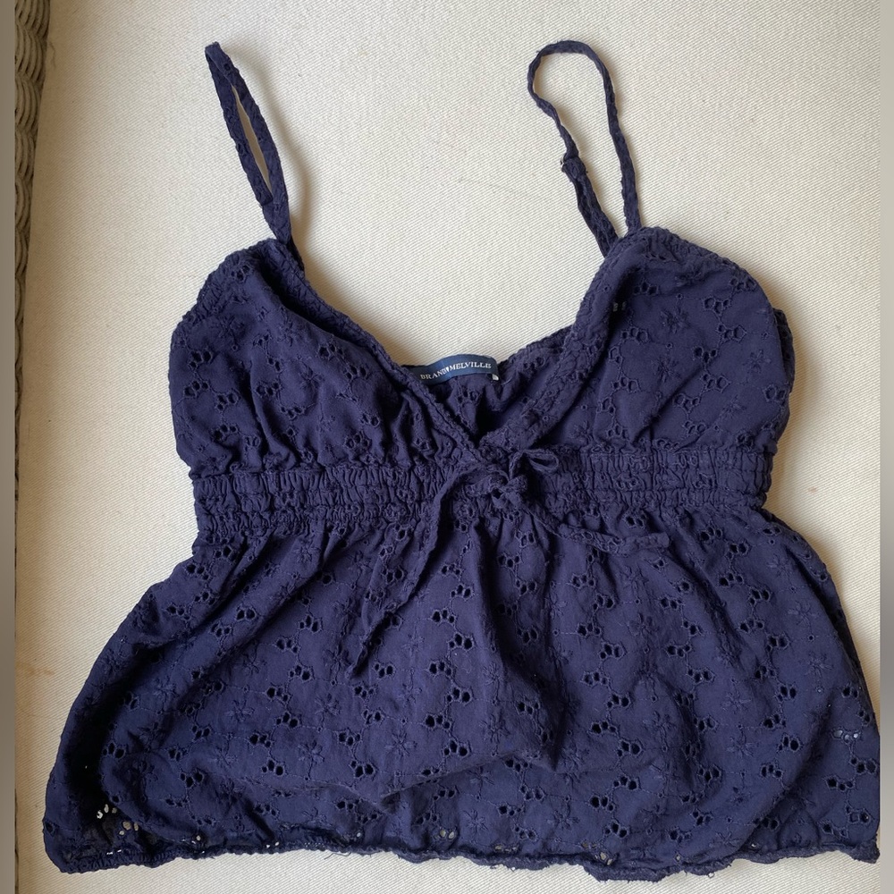 Brandy Melville Eyelet Cotton Tank Top - Navy Blue